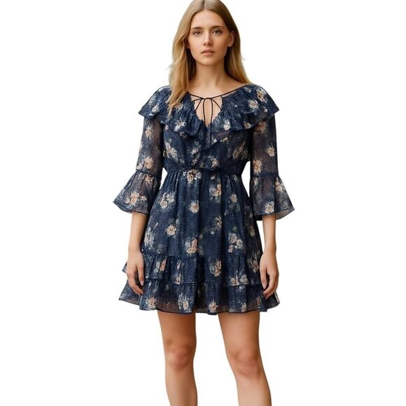 NEW Small POL Floral Sheer Navy Mini Dress Ruffles Lined 3/4 Sleeves Tassel Boho - Picture 1 of 11